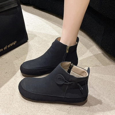 Ρετρό κοντές δερμάτινες μπότες για γυναίκες Άνεση φθινοπώρου με μαλακή σόλα ίσια παπούτσια μόδας Μποτάκια με φερμουάρ στο πλάι Ευέλικτα παπούτσια αιτιατού