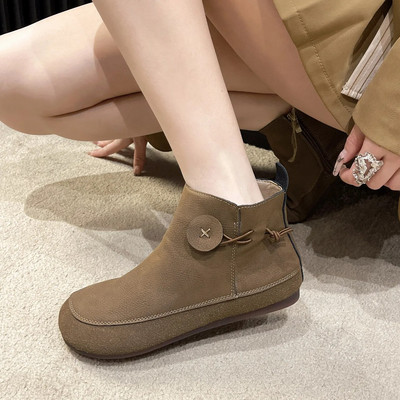 Ρετρό κοντές δερμάτινες μπότες για γυναίκες Άνεση φθινοπώρου με μαλακή σόλα ίσια παπούτσια μόδας Μποτάκια με φερμουάρ στο πλάι Ευέλικτα παπούτσια αιτιατού