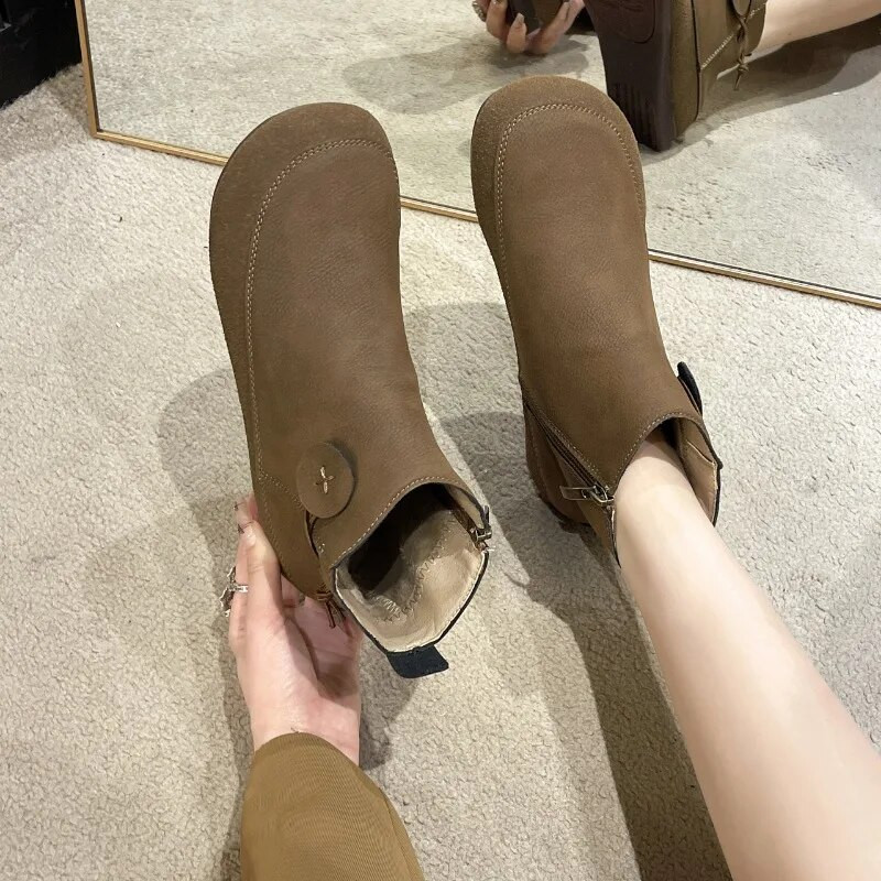 Ρετρό κοντές δερμάτινες μπότες για γυναίκες Άνεση φθινοπώρου με μαλακή σόλα ίσια παπούτσια μόδας Μποτάκια με φερμουάρ στο πλάι Ευέλικτα παπούτσια αιτιατού