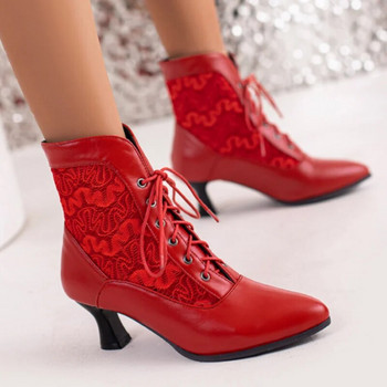 Γυναικείες βικτοριανές μύτες μπότες αστραγάλου Δερμάτινο κορδόνι επάνω ματισμένο γυναικείο ψηλοτάκουνο παπούτσι Γυναικεία κοντή μπότα Plus Size 48 Βάρκες