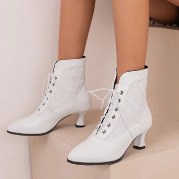 Γυναικείες βικτοριανές μύτες μπότες αστραγάλου Δερμάτινο κορδόνι επάνω ματισμένο γυναικείο ψηλοτάκουνο παπούτσι Γυναικεία κοντή μπότα Plus Size 48 Βάρκες