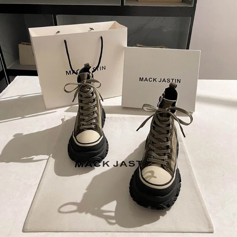 Μόδα European American High Top τζιν γυναικεία παπούτσια 2022 Φθινόπωρο Νέα χοντρή σόλα Μπότες Crowd Boots Γυναικεία παπούτσια με τακούνια