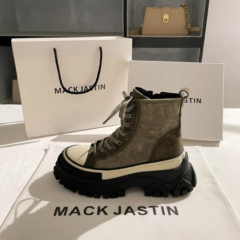 Μόδα European American High Top τζιν γυναικεία παπούτσια 2022 Φθινόπωρο Νέα χοντρή σόλα Μπότες Crowd Boots Γυναικεία παπούτσια με τακούνια