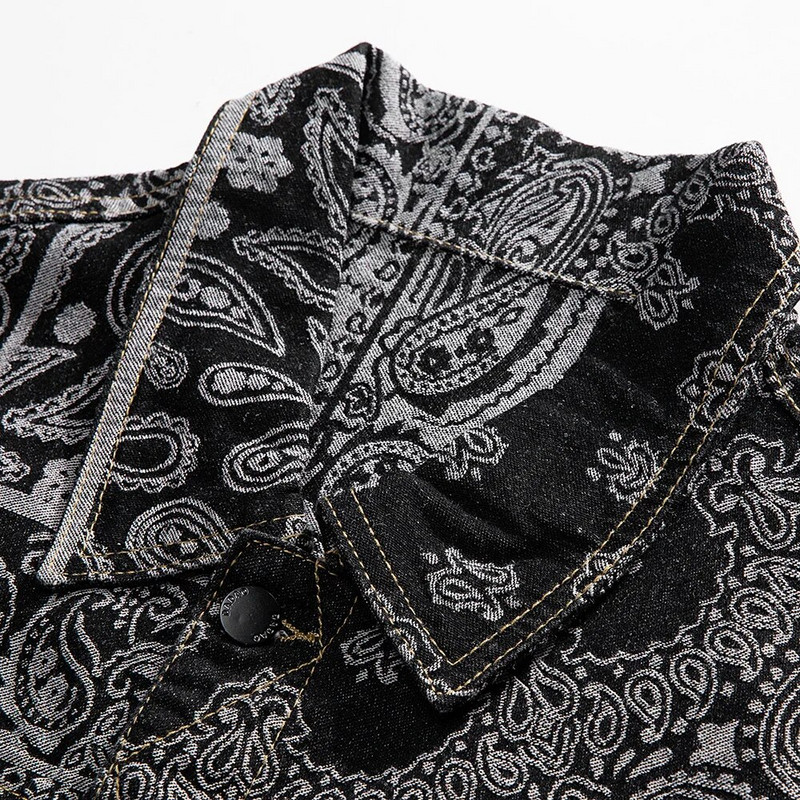 Ανδρικό τζιν μπουφάν Paisley Bandana Μοτίβο ύφανσης ζακάρ παλτό μόδας Φαρδύ μακρυμάνικο πανωφόρι μαύρο μπλε