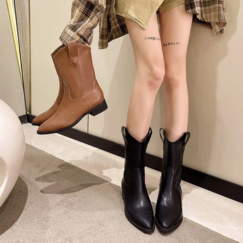 Φθινοπωρινές καινούργιες γυναικείες μπότες μεσαίας γάμπας Fashion Slip on μυτερές δερμάτινες μπότες μονόχρωμες γυναικεία παπούτσια με χοντρό τακούνι Ρετρό μποτίνες