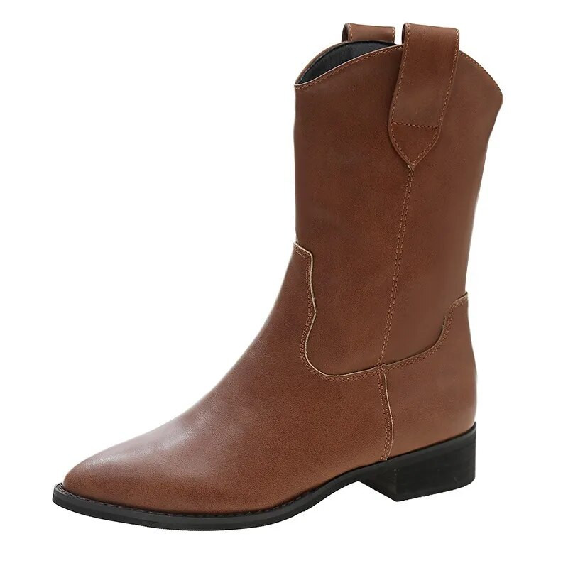 Φθινοπωρινές καινούργιες γυναικείες μπότες μεσαίας γάμπας Fashion Slip on μυτερές δερμάτινες μπότες μονόχρωμες γυναικεία παπούτσια με χοντρό τακούνι Ρετρό μποτίνες