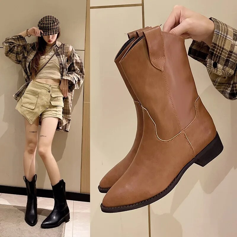 Φθινοπωρινές καινούργιες γυναικείες μπότες μεσαίας γάμπας Fashion Slip on μυτερές δερμάτινες μπότες μονόχρωμες γυναικεία παπούτσια με χοντρό τακούνι Ρετρό μποτίνες