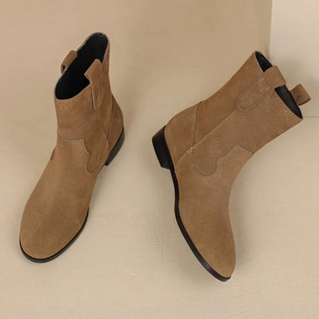 Винтидж дамски ботуши Плоски къси ботуши от изкуствен велур Ежедневни дамски обувки с приплъзване на нисък ток Есенни плътни комфортни боти до глезена Zapatos