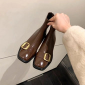 Φθινοπωρινές χειμερινές δερμάτινες κοντές μπότες για γυναίκες Μόδα μεταλλική πόρπη τετράγωνο γυναικεία παπούτσια Ευέλικτα μποτάκια με φερμουάρ με μεγάλο τακούνι