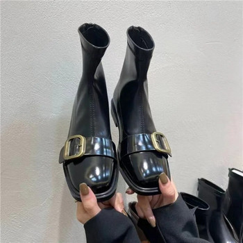 Есенно-зимни кожени къси ботуши за жени Модни дамски обувки с квадратни пръсти с метална катарама Универсални ботуши с цип и дебел ток