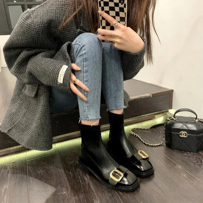 Φθινοπωρινές χειμερινές δερμάτινες κοντές μπότες για γυναίκες Μόδα μεταλλική πόρπη τετράγωνο γυναικεία παπούτσια Ευέλικτα μποτάκια με φερμουάρ με μεγάλο τακούνι