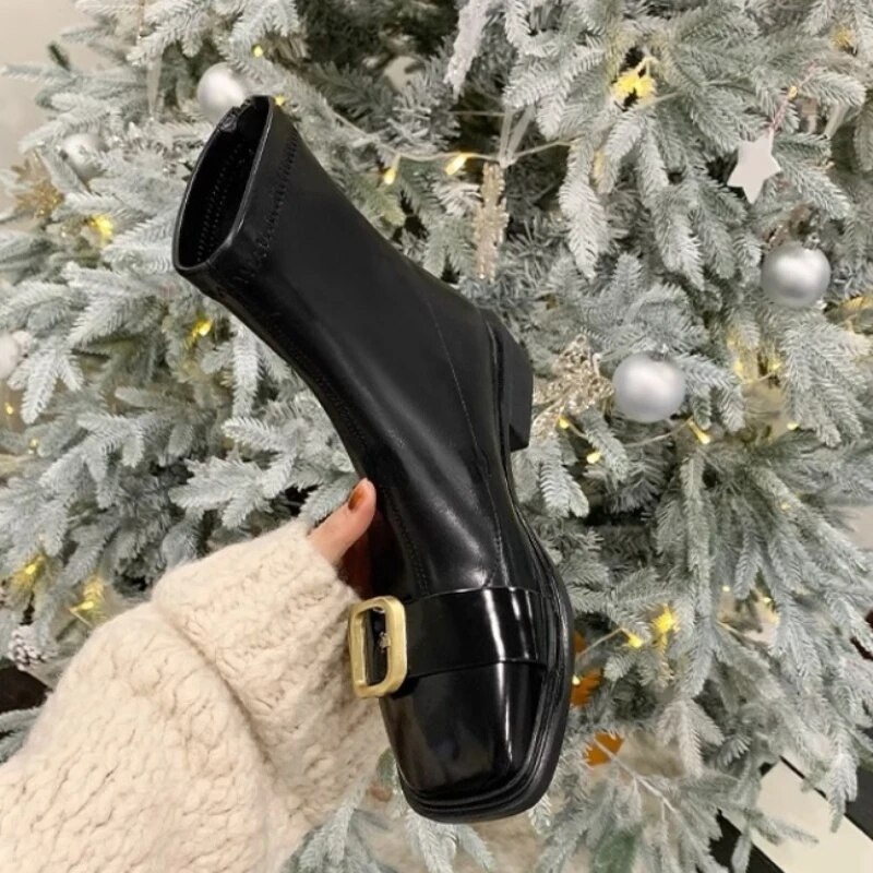 Φθινοπωρινές χειμερινές δερμάτινες κοντές μπότες για γυναίκες Μόδα μεταλλική πόρπη τετράγωνο γυναικεία παπούτσια Ευέλικτα μποτάκια με φερμουάρ με μεγάλο τακούνι