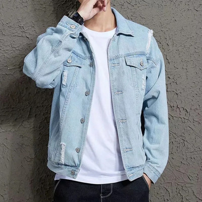 Vīriešu pavasara plēstā džinsu jaka Ielu apģērbi Džinsu jakas Liela izmēra rudens džinsi ar garām piedurknēm Top Vintage vīriešu mētelis 2023 Vīrs