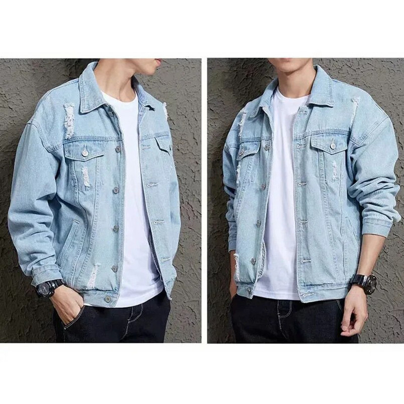 Vīriešu pavasara plēstā džinsu jaka Ielu apģērbi Džinsu jakas Liela izmēra rudens džinsi ar garām piedurknēm Top Vintage vīriešu mētelis 2023 Vīrs