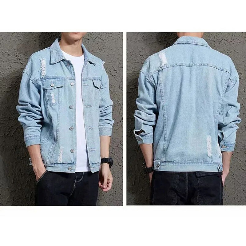 Vīriešu pavasara plēstā džinsu jaka Ielu apģērbi Džinsu jakas Liela izmēra rudens džinsi ar garām piedurknēm Top Vintage vīriešu mētelis 2023 Vīrs