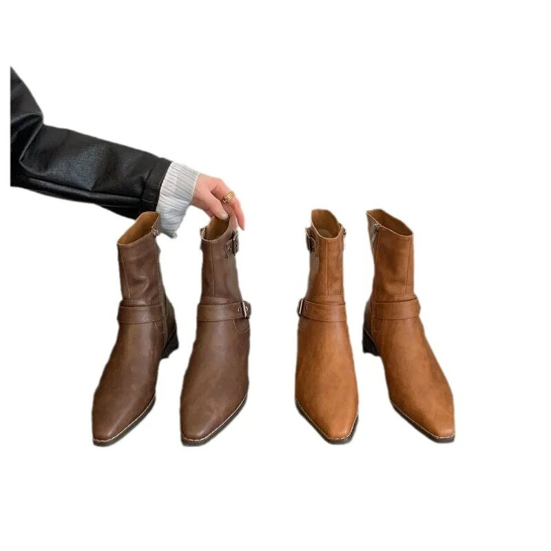 Retro ratsusaapad naistele Sügismoodne terava ninaga naiste kingad pehmest nahast paksud poolsaapad Naiste läänelikud lühikesed saapad