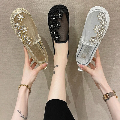 2023 New Lace Mesh Crystal Floral Loafers Shoes Women Comfort Breathable Summer Walking Shoes Woman Fashion Slip-on Ballet Flats