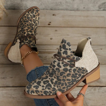 Ретро дамски ботуши Есенни и зимни леопардови платнени ботуши Големи размери Ежедневни обувки с цип Удобни къси ботуши