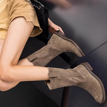Ευπροσάρμοστες μεσαίες μπότες για γυναίκες Φθινοπωρινές νέες ρετρό δερμάτινες κοντές μπότες Froste Slip σε μασίφ ψηλοτάκουνα μποτάκια casual μαλακή σόλα