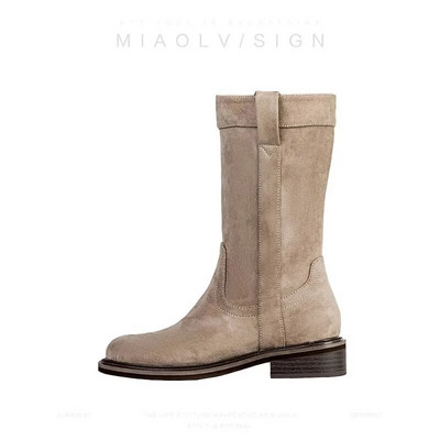 Mitmekülgsed kesksaapad naistele Sügis Uued Retro Froste Nahast Lühikesed Saapad Slip on Solid kõrged kontsad Vabaaja pehme talla poolsaapad