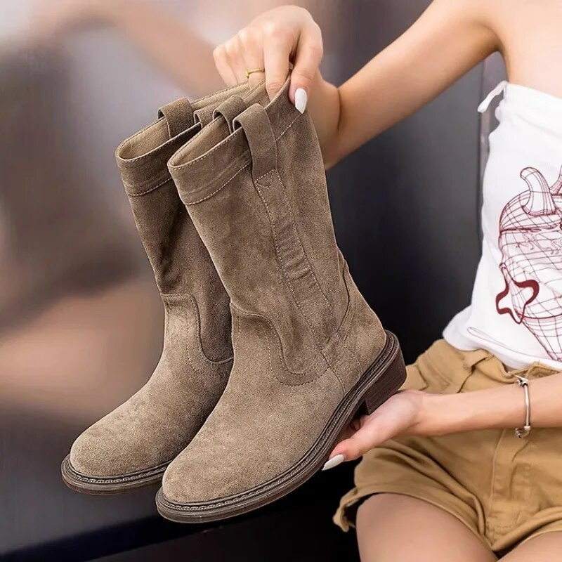 Mitmekülgsed kesksaapad naistele Sügis Uued Retro Froste Nahast Lühikesed Saapad Slip on Solid kõrged kontsad Vabaaja pehme talla poolsaapad