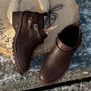 Дамски PU кожени боти до глезена Есен Зима Британски стил Дамски обувки с масивен ток Плюшени топли къси ботуши Плюс размер Ежедневни обувки