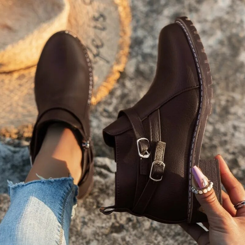 Naiste PU-nahast poolsaapad sügistalvised Briti stiilis paksud kontsad Naiste kingad pehmed, soojad lühikesed saapad, suures suuruses vabaaja saapad