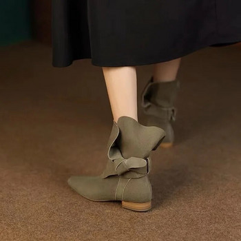 Модни ботуши с остри пръсти за жени Пролет Есен Дамски ботуши от набук Ретро дамски обувки с нисък ток Темпераментни къси ботуши