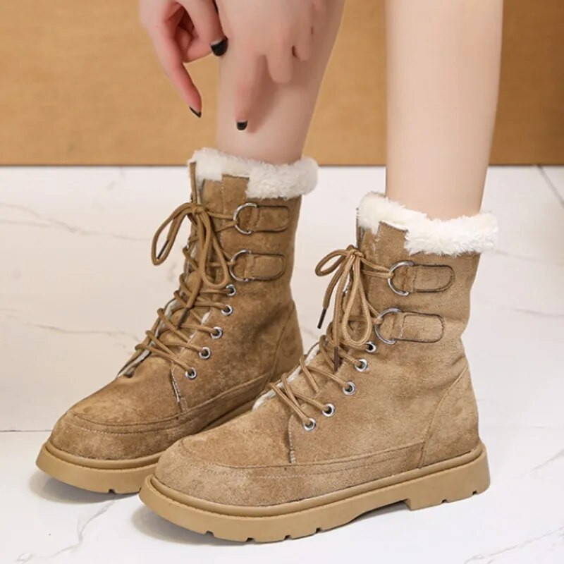 Moteriški žieminiai, šilti pliušiniai sniego batai, zomšiniai, laisvalaikio suvarstomi moteriški batai didesnio dydžio plokščiapadžiai sportbačiai lauke, neslystantys kulkšnies batai