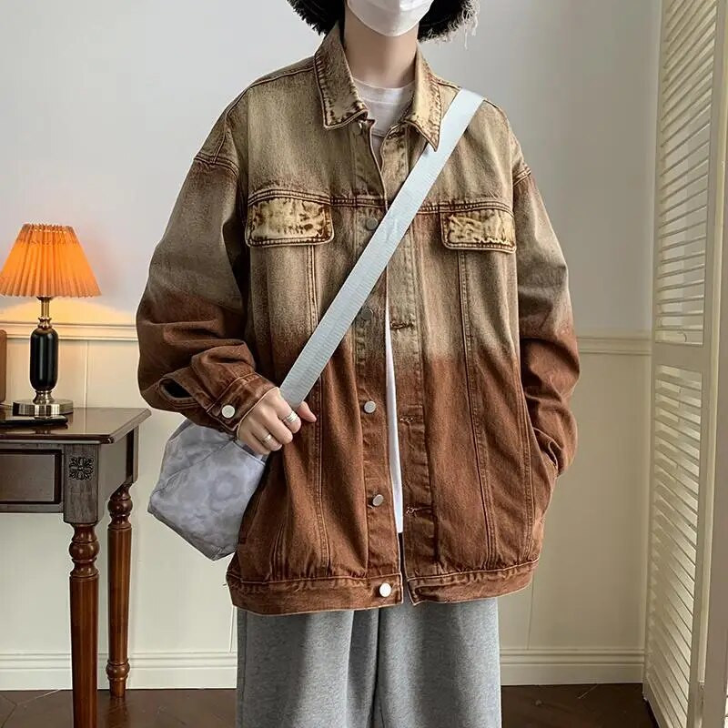 Gradienttikandiga jakk Meeste retro-vesipesuga vana teksajakid Vintage üherealine toapealne krae pikkade varrukatega top