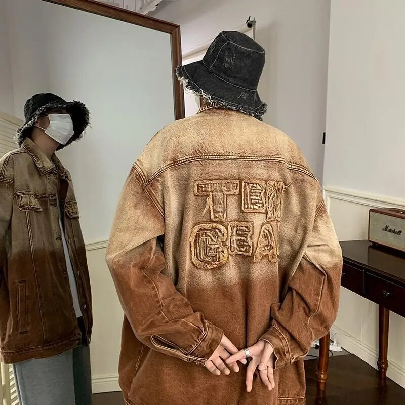 Gradienttikandiga jakk Meeste retro-vesipesuga vana teksajakid Vintage üherealine toapealne krae pikkade varrukatega top