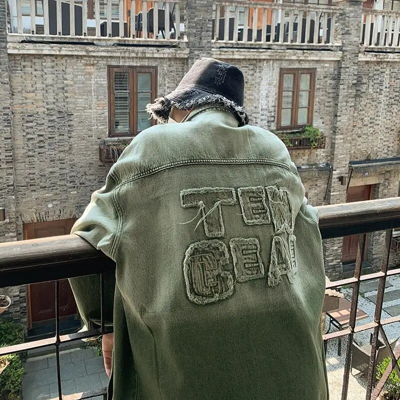 Gradienttikandiga jakk Meeste retro-vesipesuga vana teksajakid Vintage üherealine toapealne krae pikkade varrukatega top