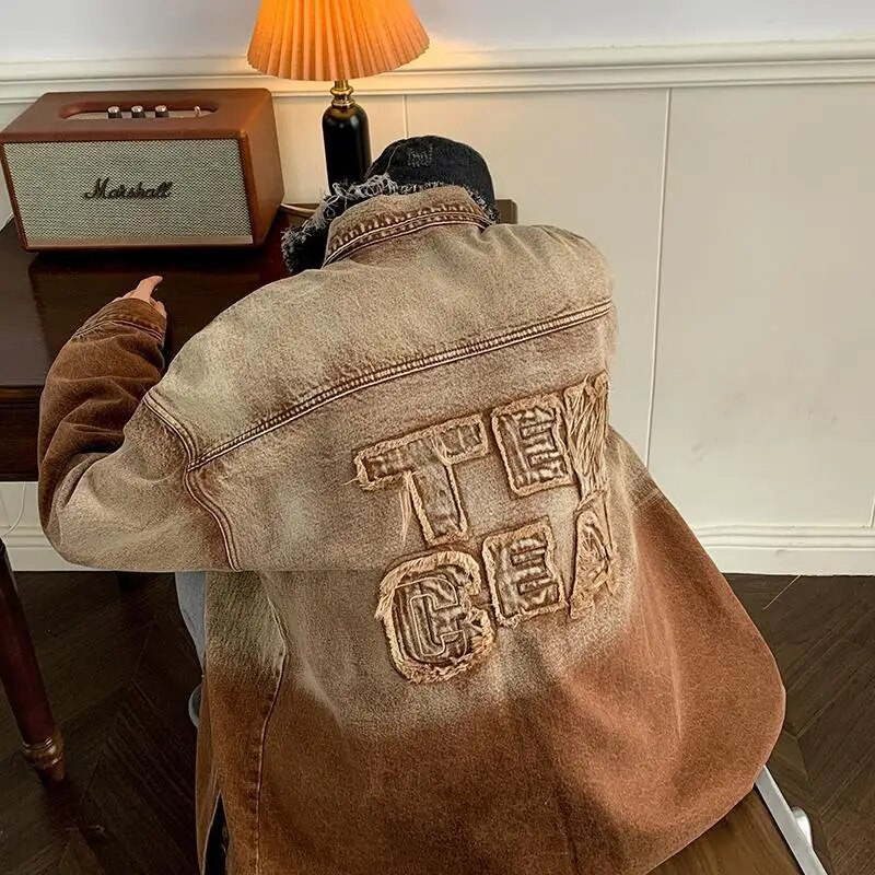 Gradienttikandiga jakk Meeste retro-vesipesuga vana teksajakid Vintage üherealine toapealne krae pikkade varrukatega top