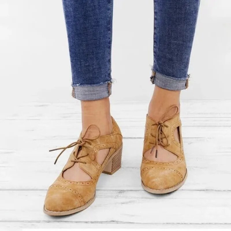 Moteriški aukštakulniai odiniai batai su smailiais pirštais, moteriški „Soild Retro“ moteriški sandalai su storu kulnu plius dydžio vienviečiai batai