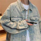 Retro Washed Distressed Slim Fit Džinsiniai marškinėliai Vyriška striukė ilgomis rankovėmis užtrauktuku Y2k Laisvalaikio megztinio švarkai vyrams Mėlynas prašmatnus paltas