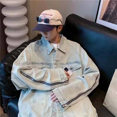 Retro Washed Distressed Slim Fit Džinsiniai marškinėliai Vyriška striukė ilgomis rankovėmis užtrauktuku Y2k Laisvalaikio megztinio švarkai vyrams Mėlynas prašmatnus paltas