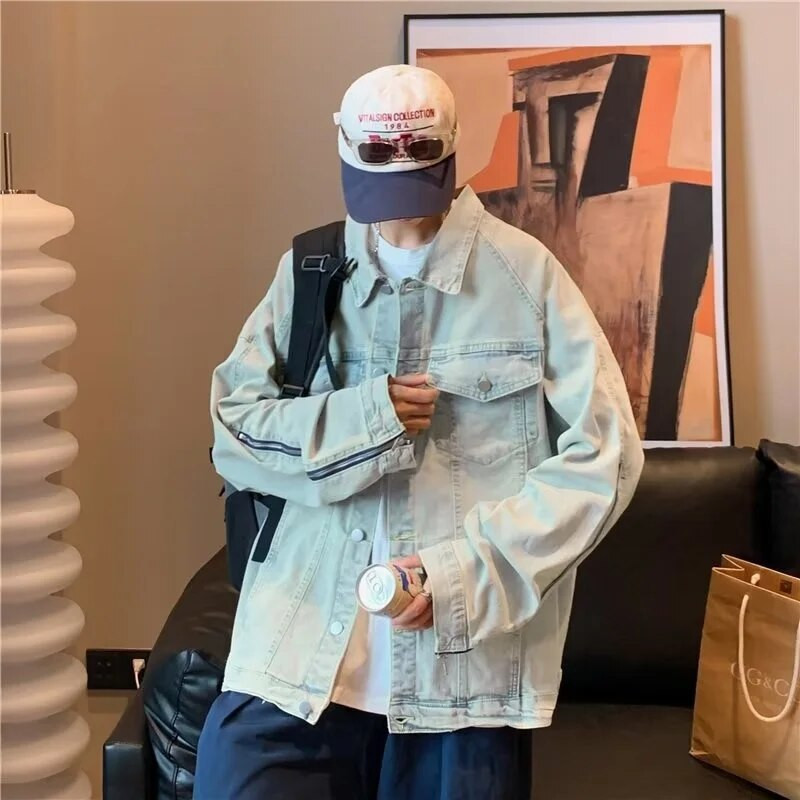 Retro Washed Distressed Slim Fit Džinsiniai marškinėliai Vyriška striukė ilgomis rankovėmis užtrauktuku Y2k Laisvalaikio megztinio švarkai vyrams Mėlynas prašmatnus paltas