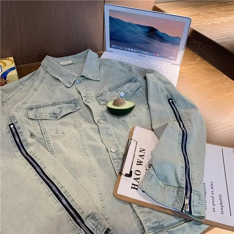 Retro Washed Distressed Slim Fit Džinsiniai marškinėliai Vyriška striukė ilgomis rankovėmis užtrauktuku Y2k Laisvalaikio megztinio švarkai vyrams Mėlynas prašmatnus paltas