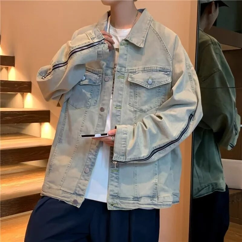 Retro Washed Distressed Slim Fit Džinsiniai marškinėliai Vyriška striukė ilgomis rankovėmis užtrauktuku Y2k Laisvalaikio megztinio švarkai vyrams Mėlynas prašmatnus paltas