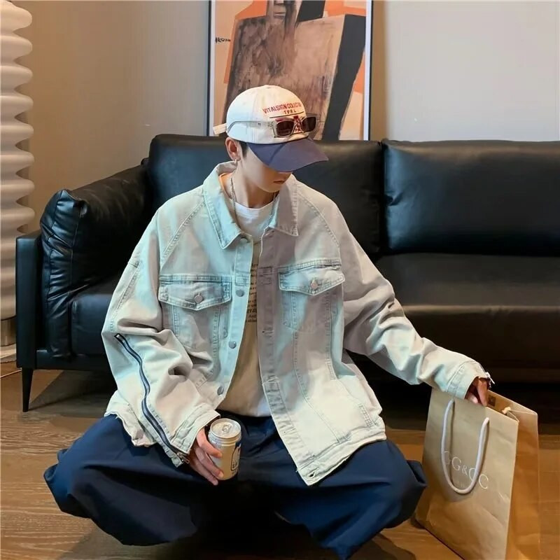 Retro Washed Distressed Slim Fit Džinsiniai marškinėliai Vyriška striukė ilgomis rankovėmis užtrauktuku Y2k Laisvalaikio megztinio švarkai vyrams Mėlynas prašmatnus paltas