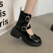 Platforminiai moterų batai su aukštakulniais džinsiniais aukštakulniais odiniai batai su retro apvaliu pirštu Mary Janes moteriški trumpi batai storu padu