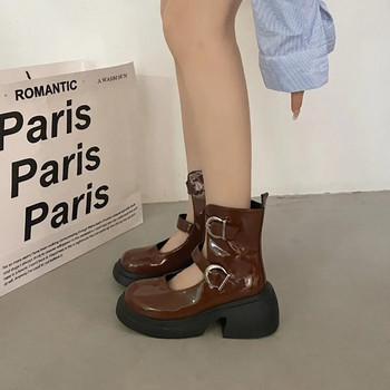 Дамски ботуши на платформа с издълбани дънкови кожени обувки с висок ток Ретро кръгли пръсти Mary Janes Дамски къси ботуши с дебела подметка