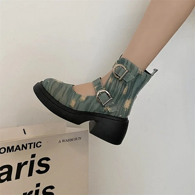 Platforminiai moterų batai su aukštakulniais džinsiniais aukštakulniais odiniai batai su retro apvaliu pirštu Mary Janes moteriški trumpi batai storu padu