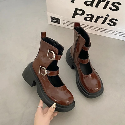 Platforminiai moterų batai su aukštakulniais džinsiniais aukštakulniais odiniai batai su retro apvaliu pirštu Mary Janes moteriški trumpi batai storu padu