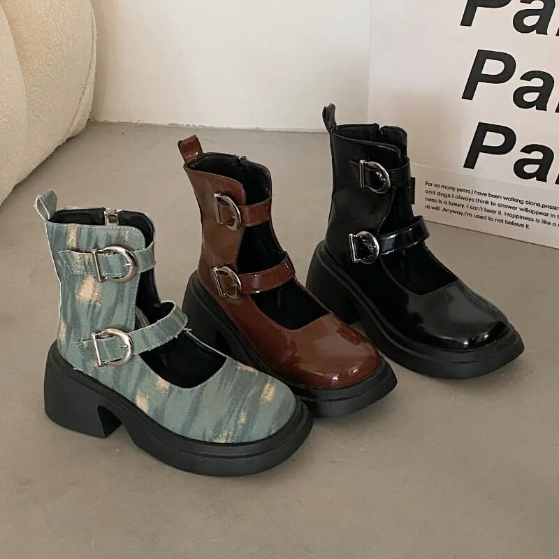 Platforminiai moterų batai su aukštakulniais džinsiniais aukštakulniais odiniai batai su retro apvaliu pirštu Mary Janes moteriški trumpi batai storu padu