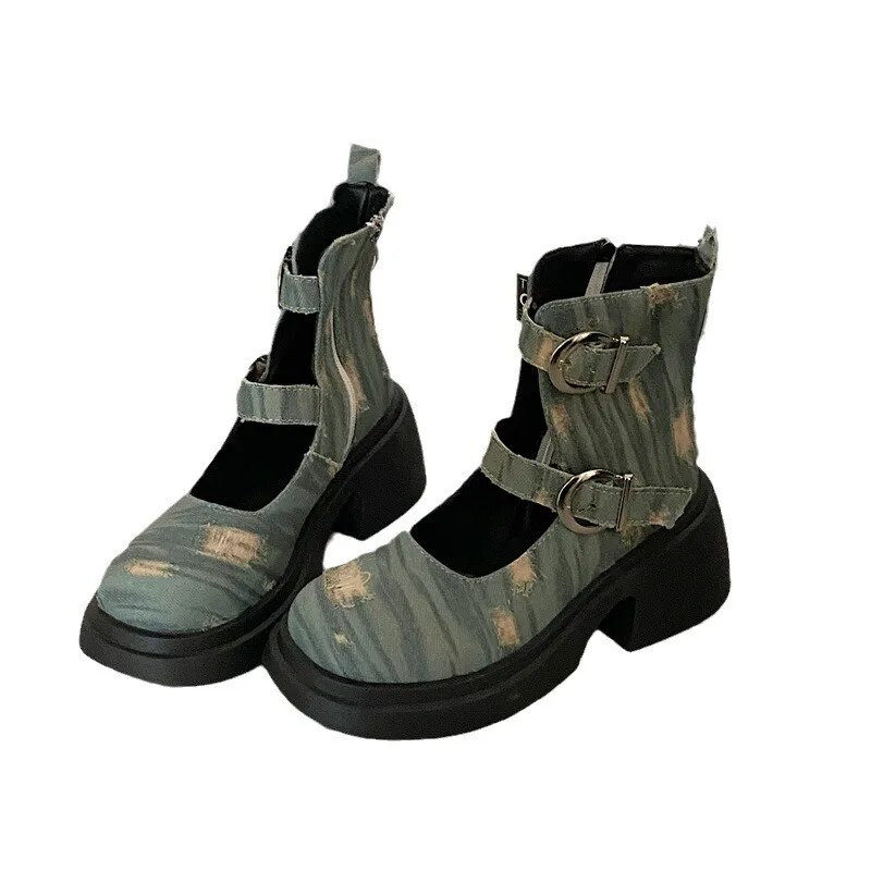 Platforminiai moterų batai su aukštakulniais džinsiniais aukštakulniais odiniai batai su retro apvaliu pirštu Mary Janes moteriški trumpi batai storu padu