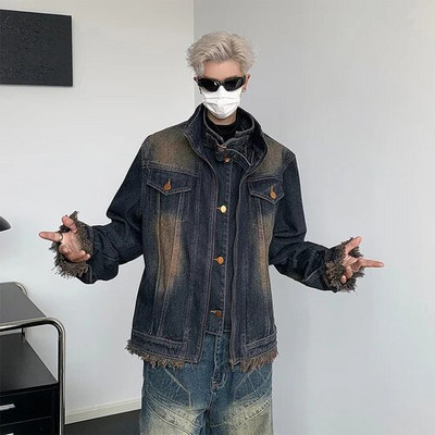 Meeste kevadsügisene teksajakk Tänavajakid Paar villane äär Turndown krae pikkade varrukatega Tõmblukk Üherealised kauboi topid