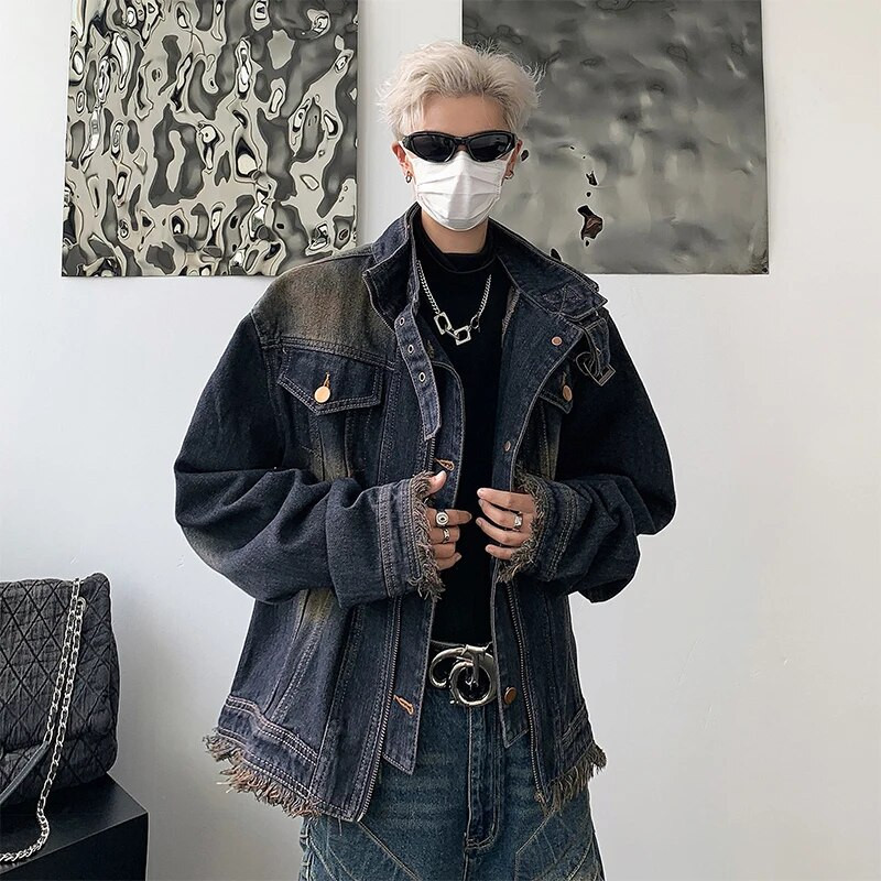 Meeste kevadsügisene teksajakk Tänavajakid Paar villane äär Turndown krae pikkade varrukatega Tõmblukk Üherealised kauboi topid