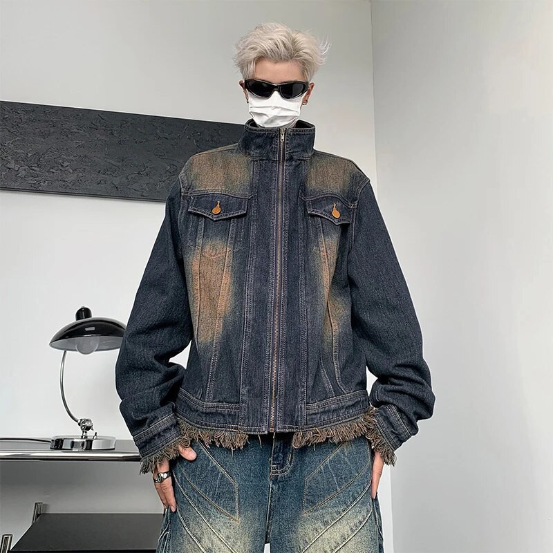 Meeste kevadsügisene teksajakk Tänavajakid Paar villane äär Turndown krae pikkade varrukatega Tõmblukk Üherealised kauboi topid