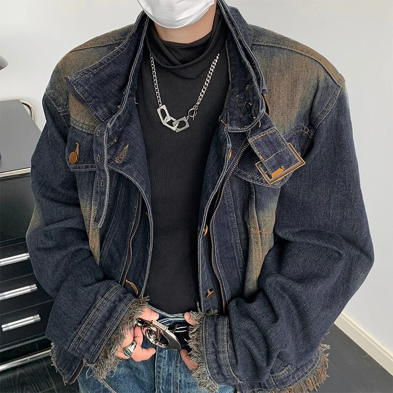 Meeste kevadsügisene teksajakk Tänavajakid Paar villane äär Turndown krae pikkade varrukatega Tõmblukk Üherealised kauboi topid